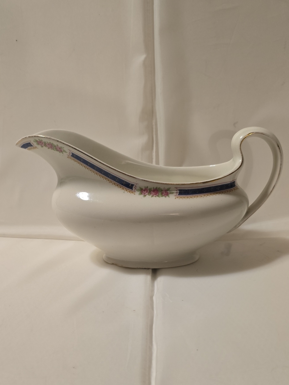 Vintage Johnson Bros England Gravy Boat Pink Roses Blue Gold Trim Floral